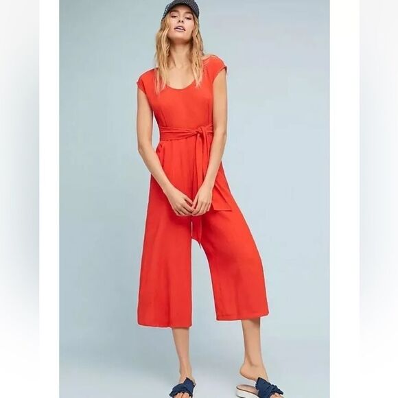 Anthropologie Abbey Belted Crop Wide Leg Jumpsuit Sunset Red Sz 6 Boho Summer - Picture 1 of 14